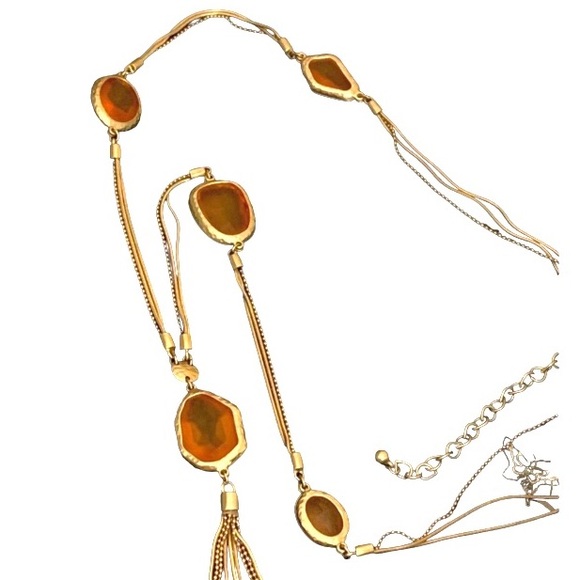 Chico’s Jewelry - Chico’s Orange Glass & Gold Tone Long Tassel Necklace